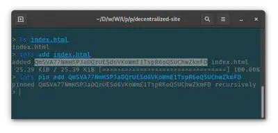 Draft of this blog post hashed and pinned to local IPFS node.
