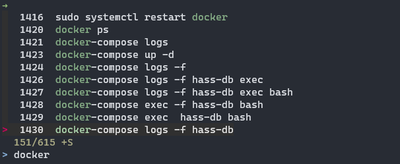 Example of using docker command in shell history. It showjs multiple commands which contain the word docker, like docker-compose logs