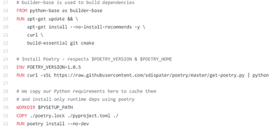 Excerpt of Dockerfile responsible for installing Poetry and its dependencies.